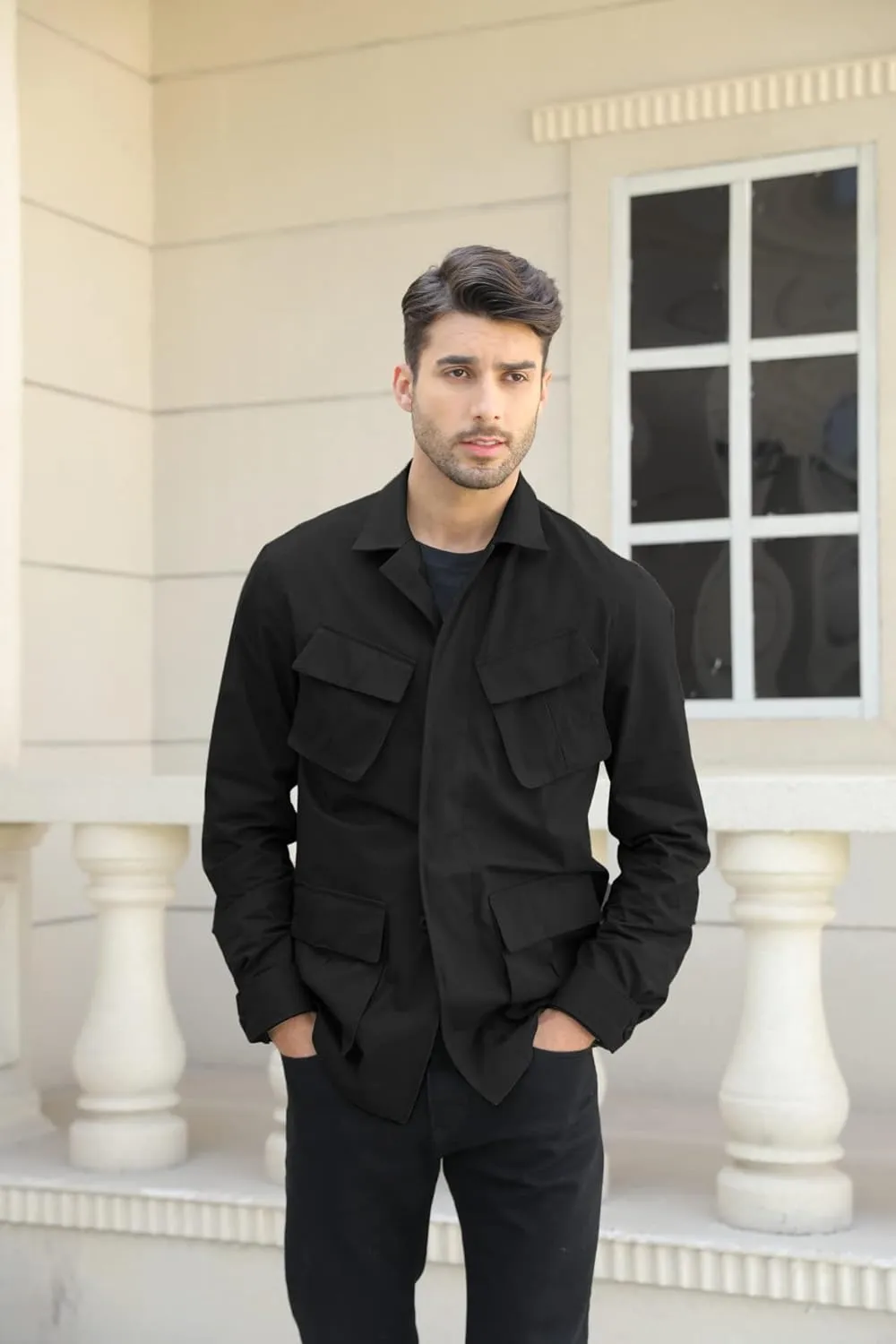 Runcati Mens Lightweight Safari Jacket Button Up Cotton Outdoor Military Cargo Long Sleeve Outwear