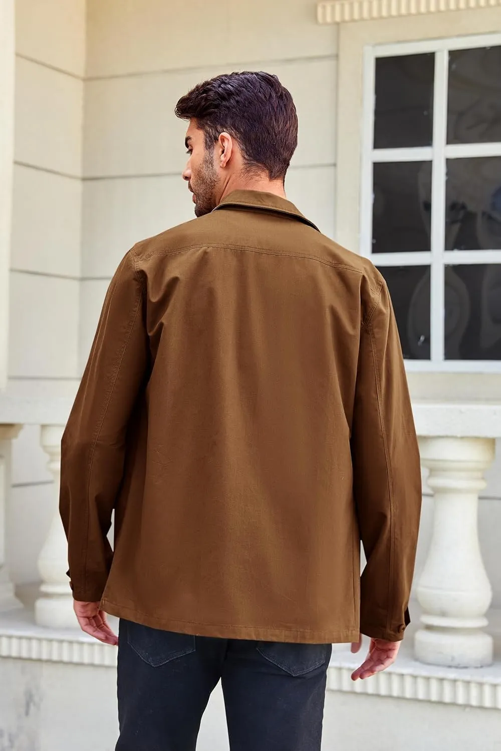 Runcati Mens Lightweight Safari Jacket Button Up Cotton Outdoor Military Cargo Long Sleeve Outwear