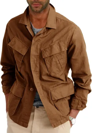 Runcati Mens Lightweight Safari Jacket Button Up Cotton Outdoor Military Cargo Long Sleeve Outwear