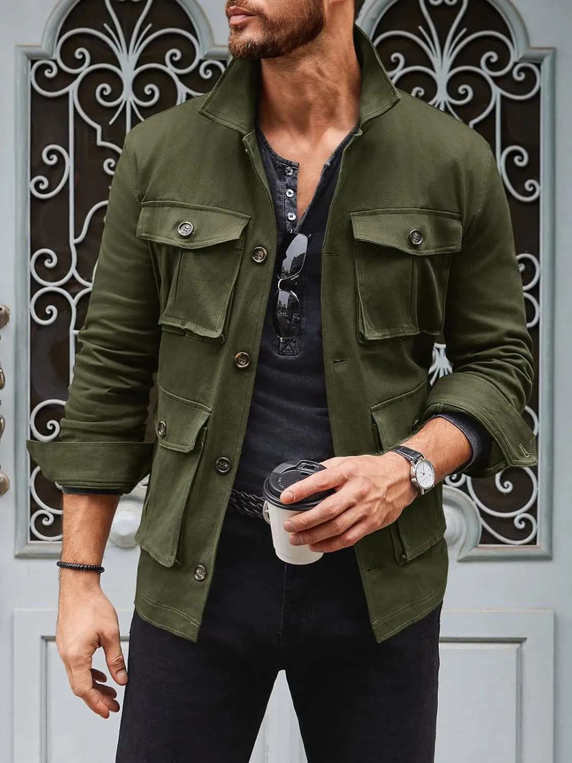 Runcati Mens Lightweight Safari Jacket Casual Button Up Jacket Windproof Work Coat with Pockets