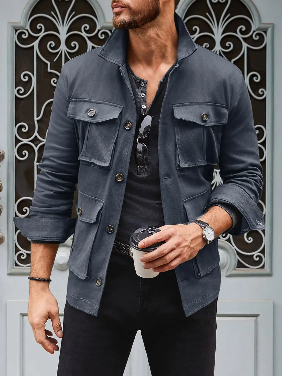 Runcati Mens Lightweight Safari Jacket Casual Button Up Jacket Windproof Work Coat with Pockets