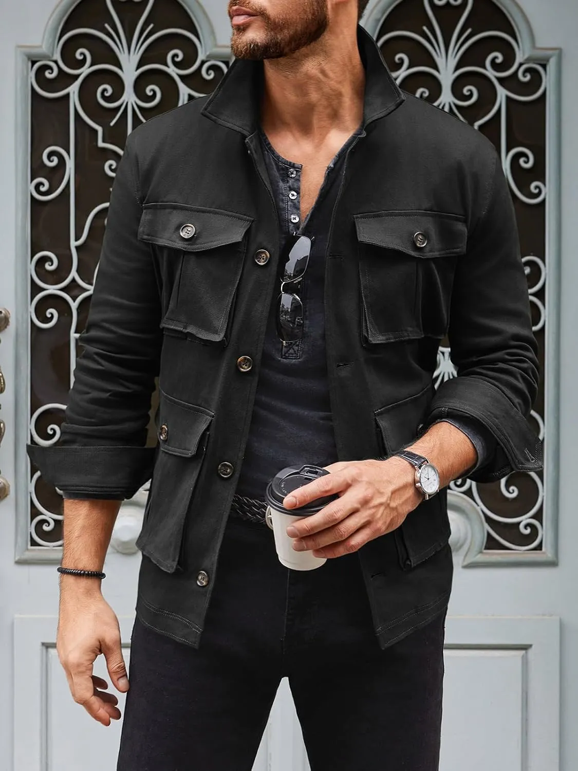 Runcati Mens Lightweight Safari Jacket Casual Button Up Jacket Windproof Work Coat with Pockets