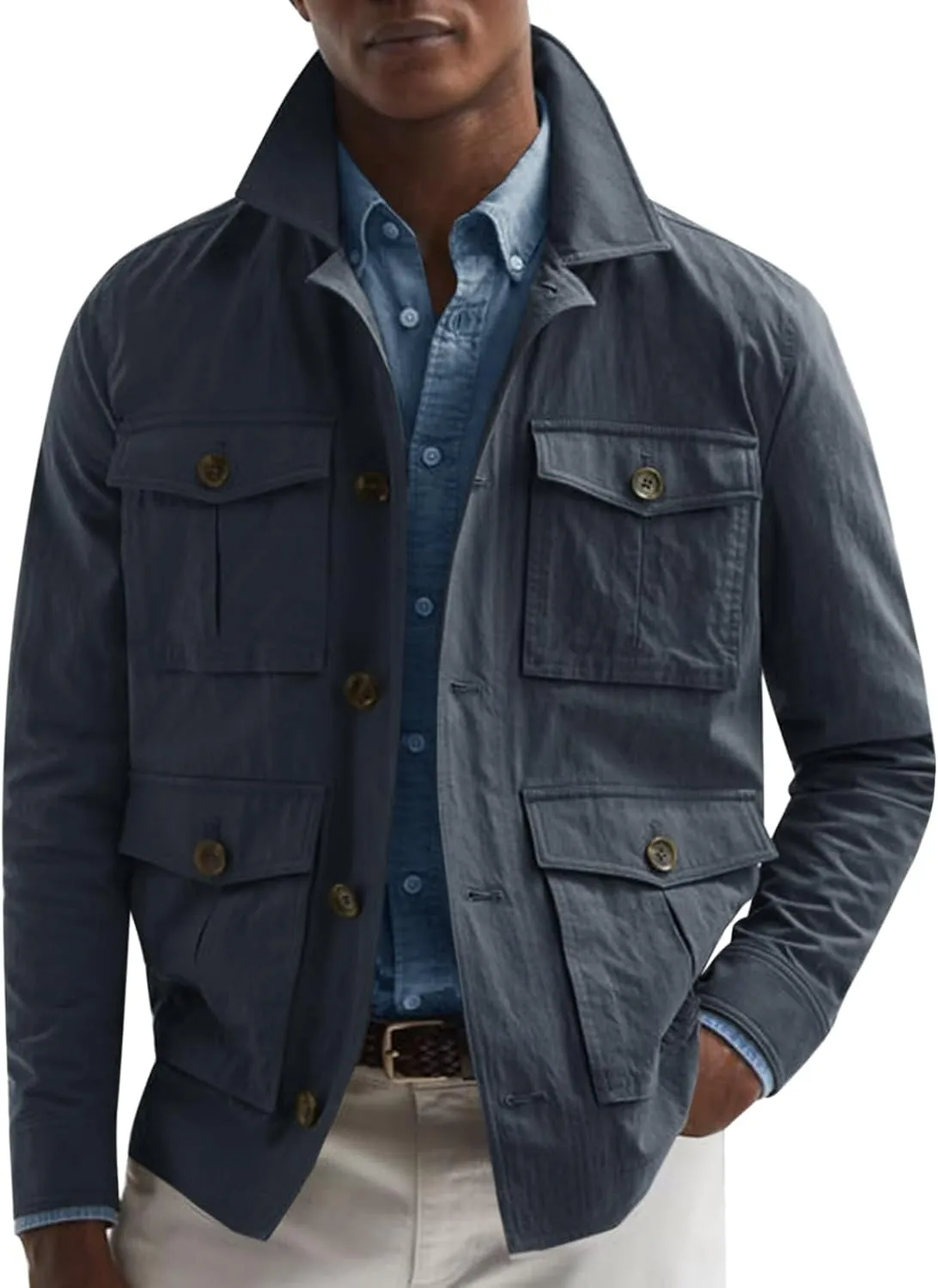 Runcati Mens Lightweight Safari Jacket Casual Button Up Jacket Windproof Work Coat with Pockets