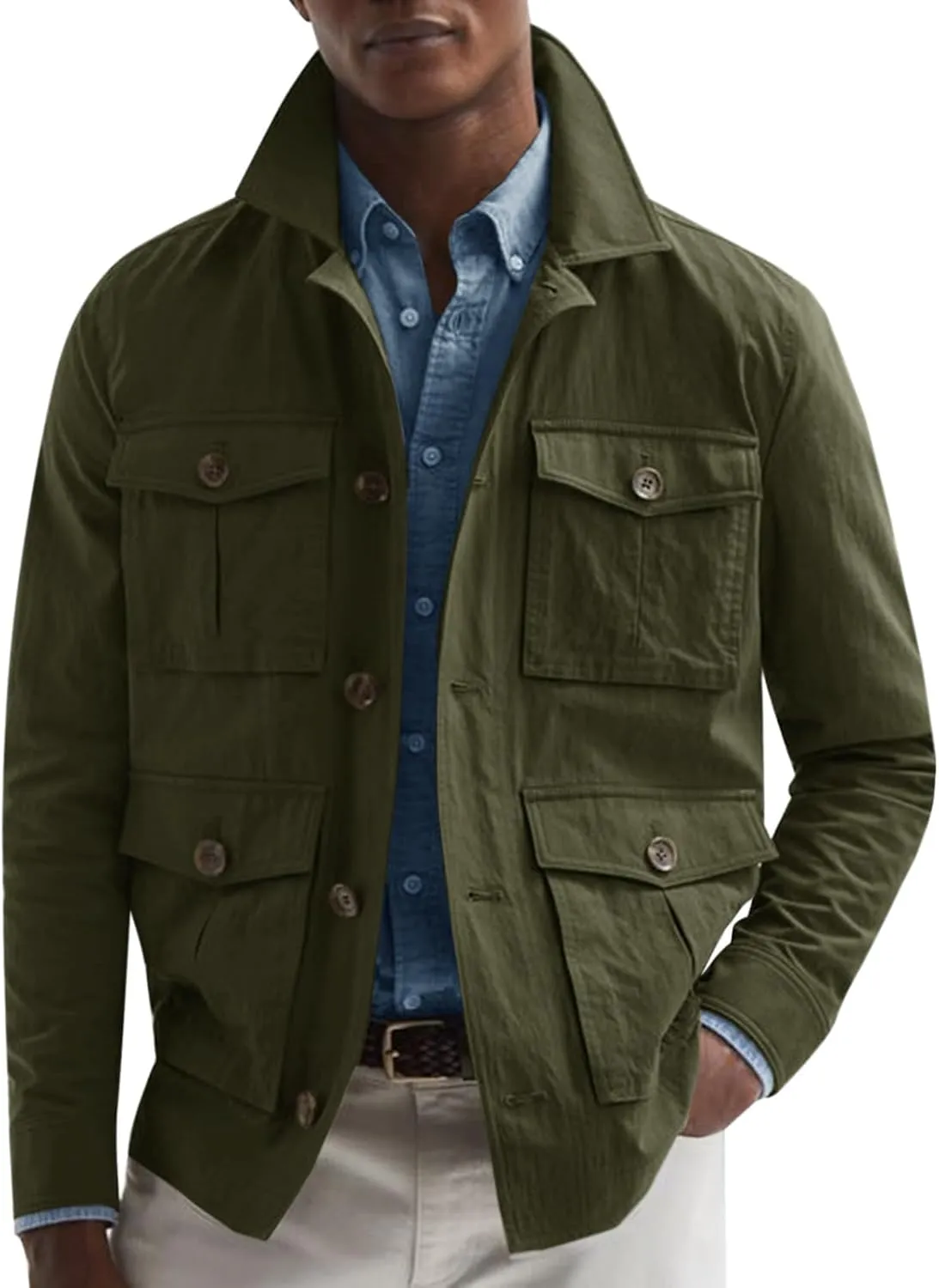 Runcati Mens Lightweight Safari Jacket Casual Button Up Jacket Windproof Work Coat with Pockets