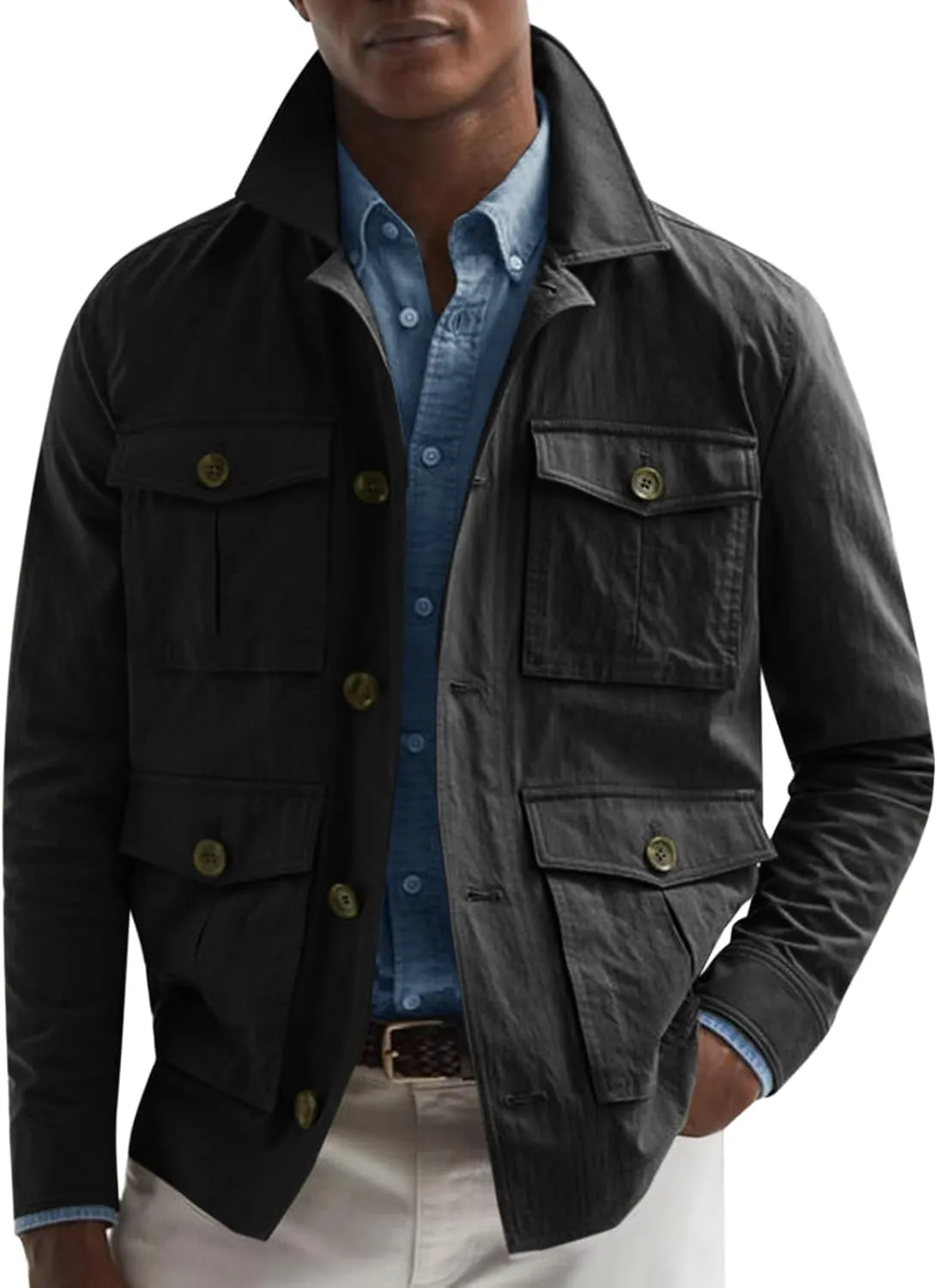 Runcati Mens Lightweight Safari Jacket Casual Button Up Jacket Windproof Work Coat with Pockets