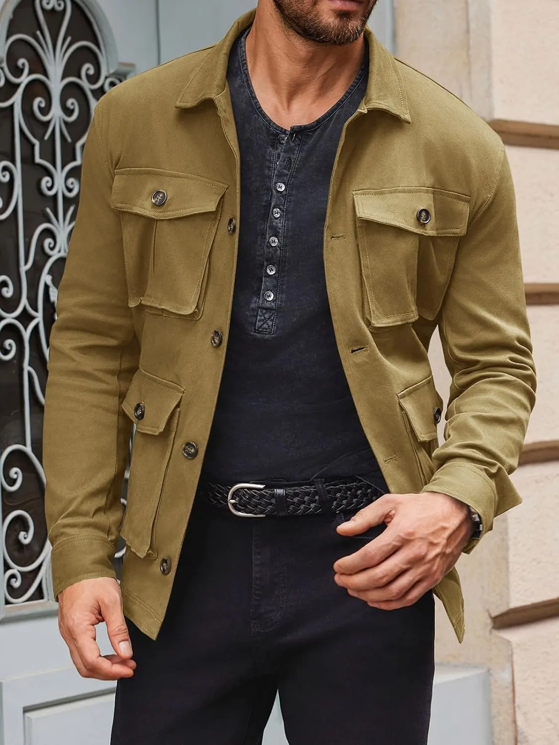 Runcati Mens Lightweight Safari Jacket Casual Button Up Jacket Windproof Work Coat with Pockets