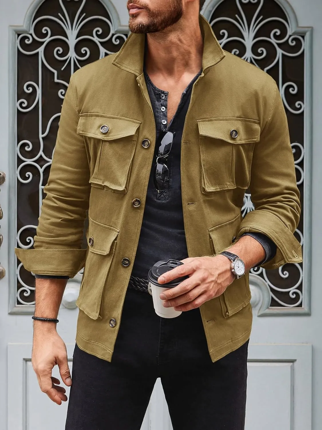 Runcati Mens Lightweight Safari Jacket Casual Button Up Jacket Windproof Work Coat with Pockets