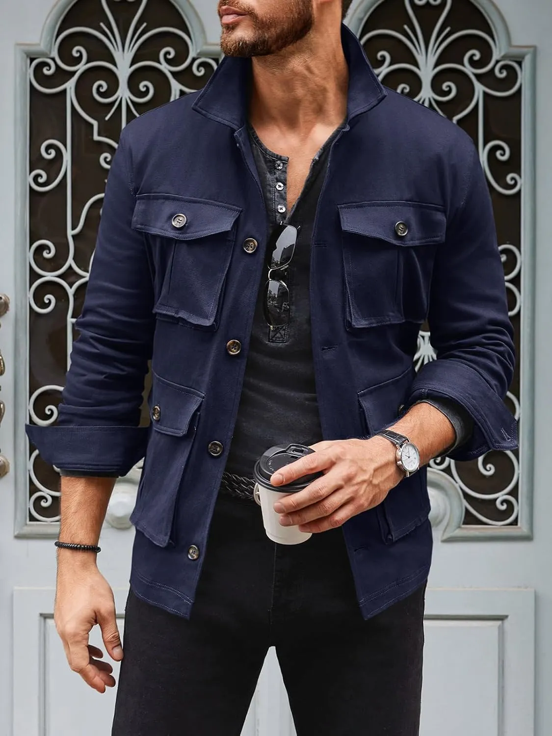Runcati Mens Lightweight Safari Jacket Casual Button Up Jacket Windproof Work Coat with Pockets