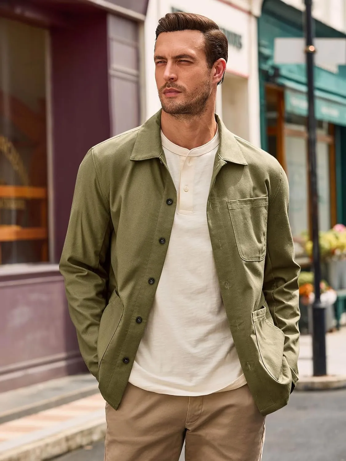 Runcati Mens Linen Shirt Jacket Button Down Long Sleeve Shacket Casual Cotton Casual Lightweight Jacket