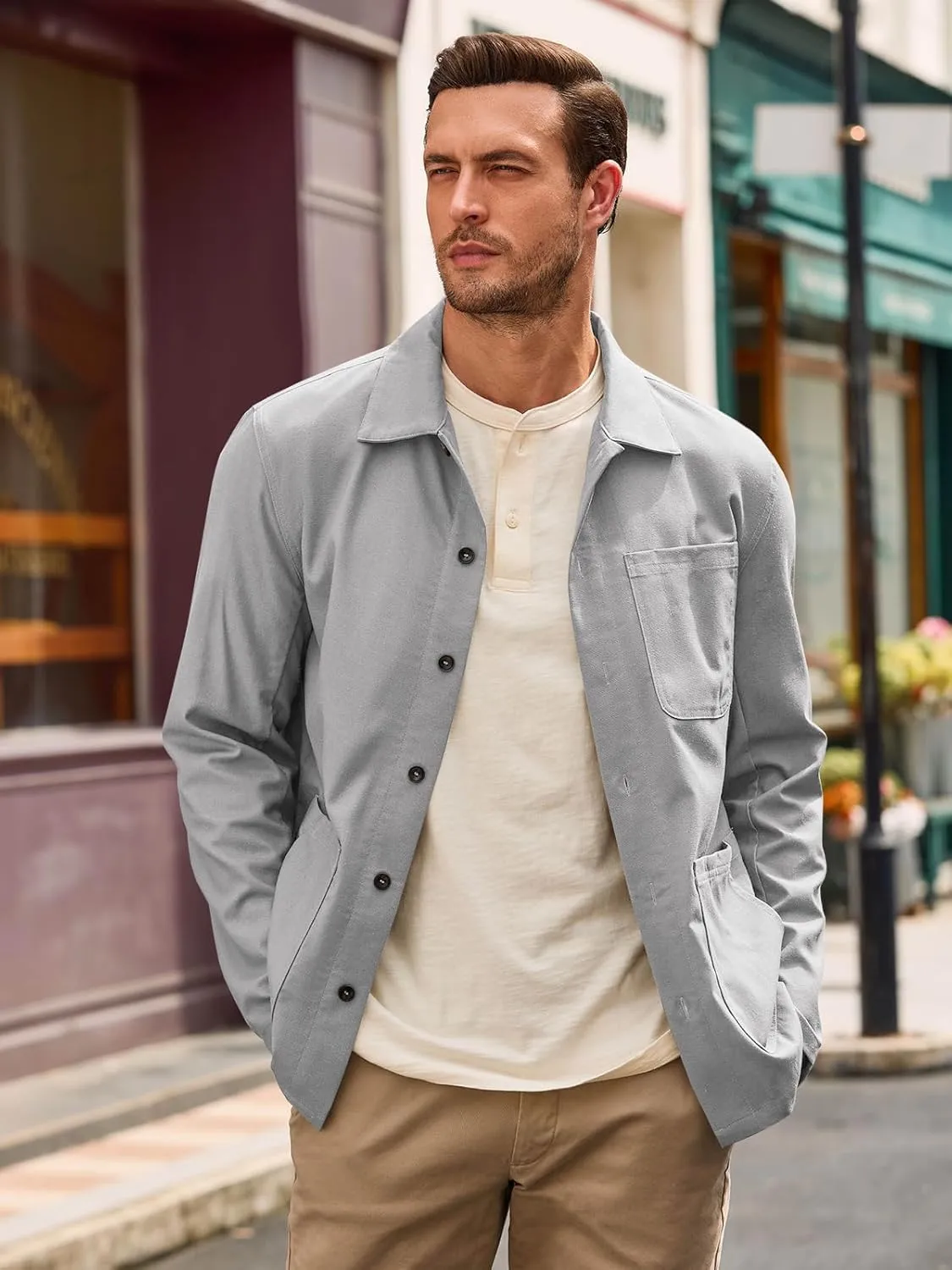 Runcati Mens Linen Shirt Jacket Button Down Long Sleeve Shacket Casual Cotton Casual Lightweight Jacket