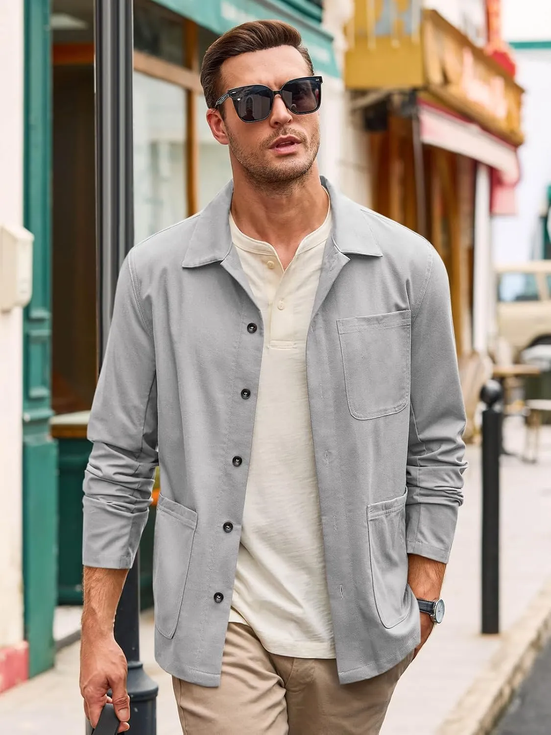 Runcati Mens Linen Shirt Jacket Button Down Long Sleeve Shacket Casual Cotton Casual Lightweight Jacket