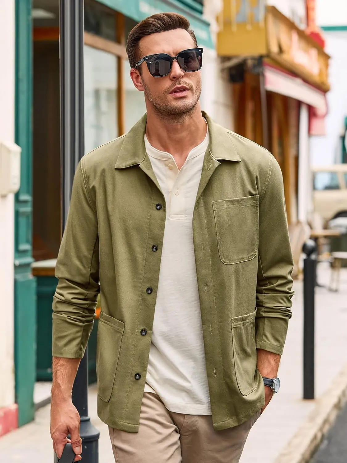 Runcati Mens Linen Shirt Jacket Button Down Long Sleeve Shacket Casual Cotton Casual Lightweight Jacket
