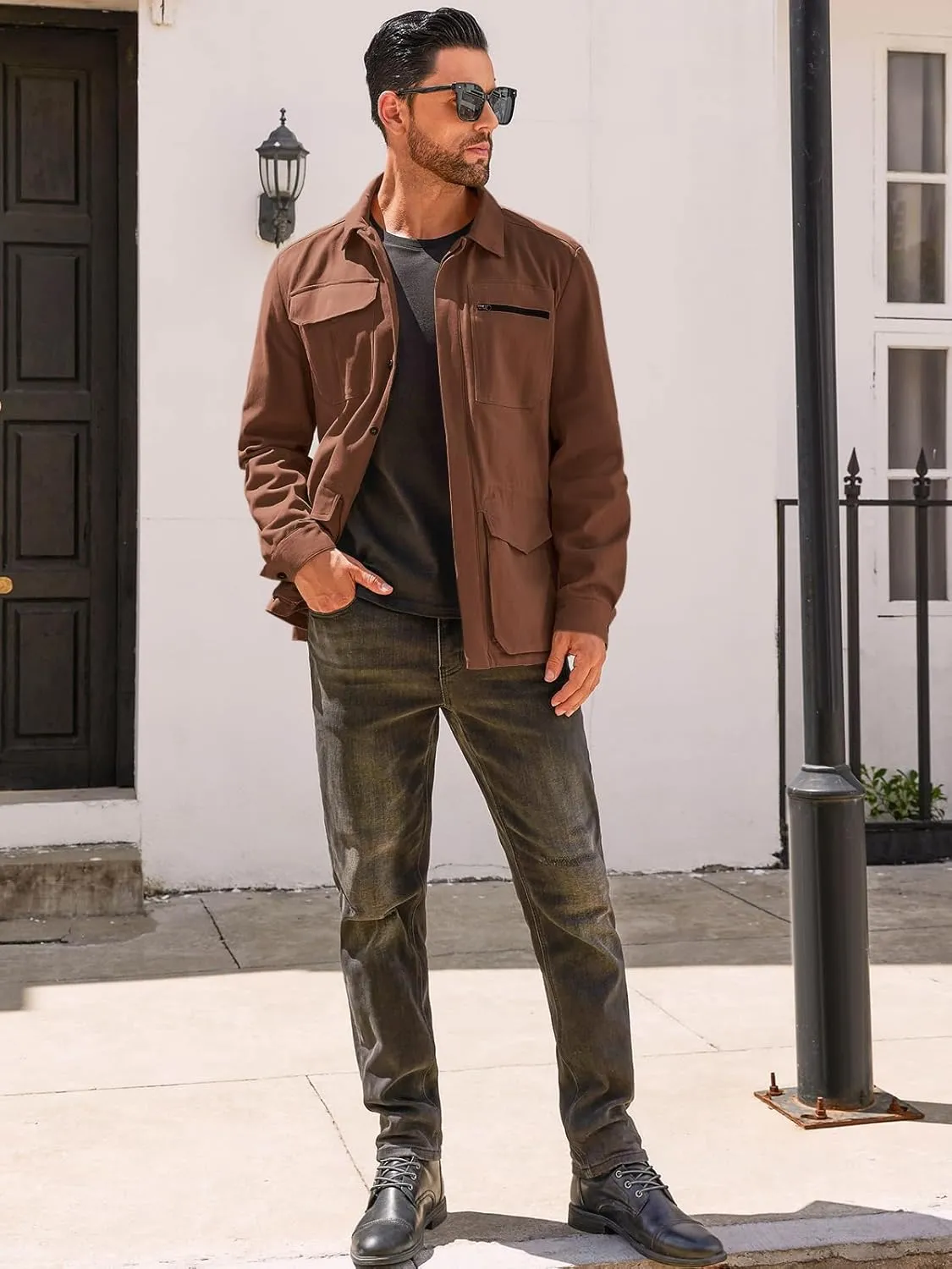 Runcati Mens Safari Jacket Military Casual Lightweight Jacket Windproof Multi Pocket Outdoor Fishing Coat