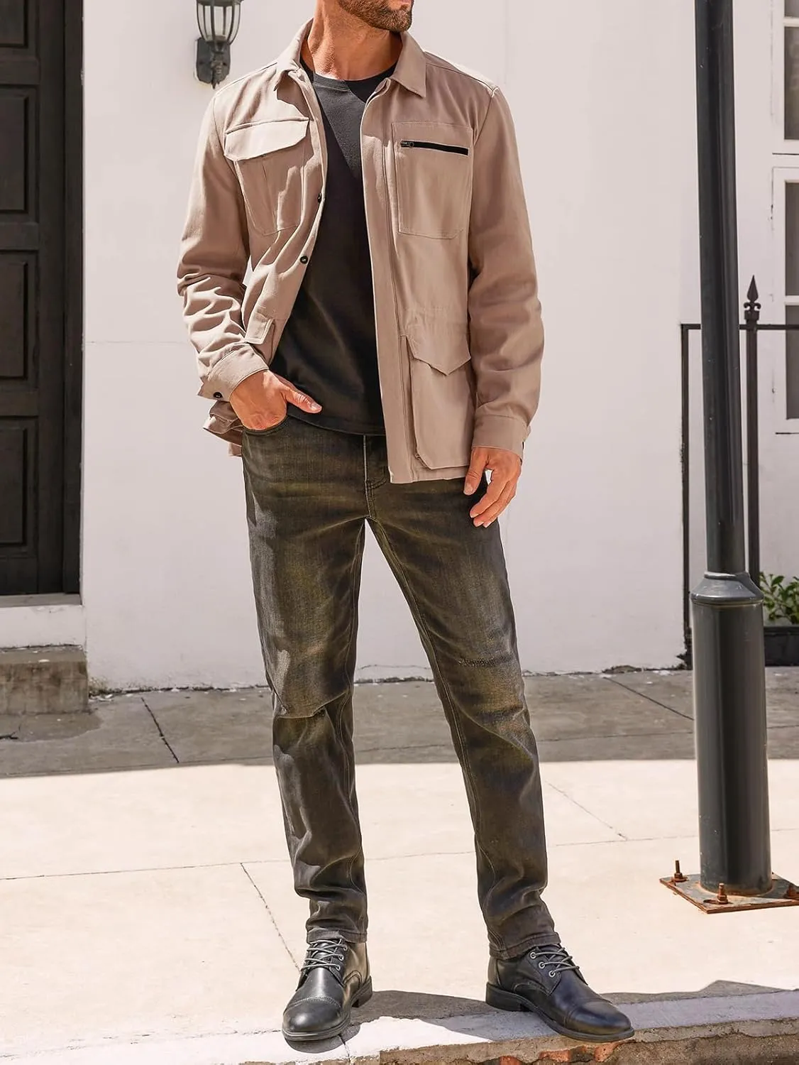 Runcati Mens Safari Jacket Military Casual Lightweight Jacket Windproof Multi Pocket Outdoor Fishing Coat