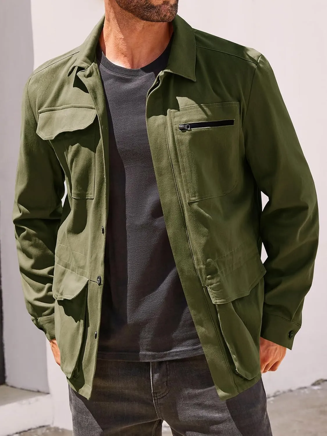 Runcati Mens Safari Jacket Military Casual Lightweight Jacket Windproof Multi Pocket Outdoor Fishing Coat
