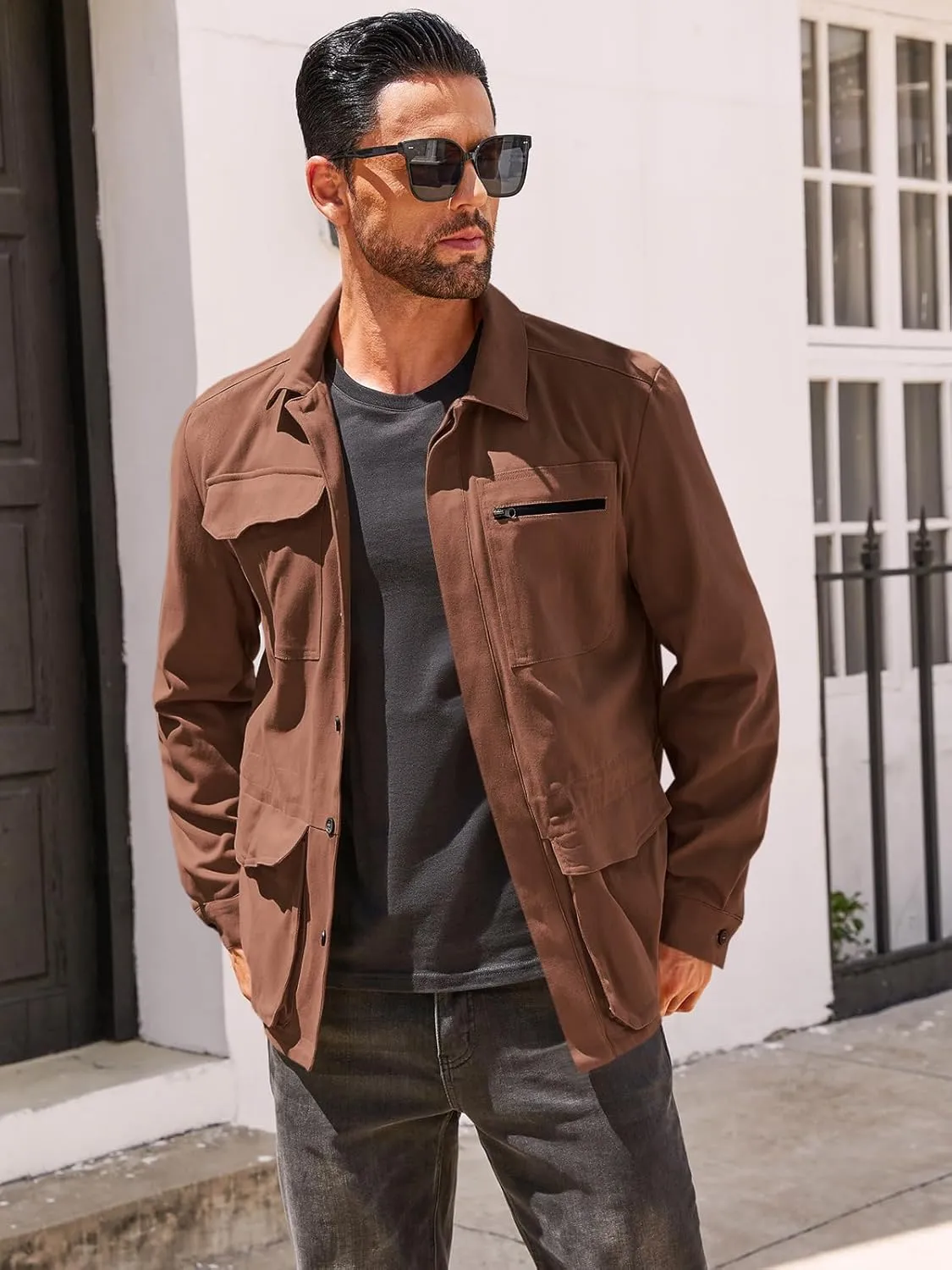 Runcati Mens Safari Jacket Military Casual Lightweight Jacket Windproof Multi Pocket Outdoor Fishing Coat