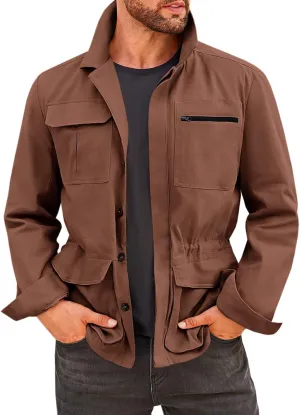 Runcati Mens Safari Jacket Military Casual Lightweight Jacket Windproof Multi Pocket Outdoor Fishing Coat