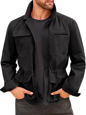 Runcati Mens Safari Jacket Military Casual Lightweight Jacket Windproof Multi Pocket Outdoor Fishing Coat