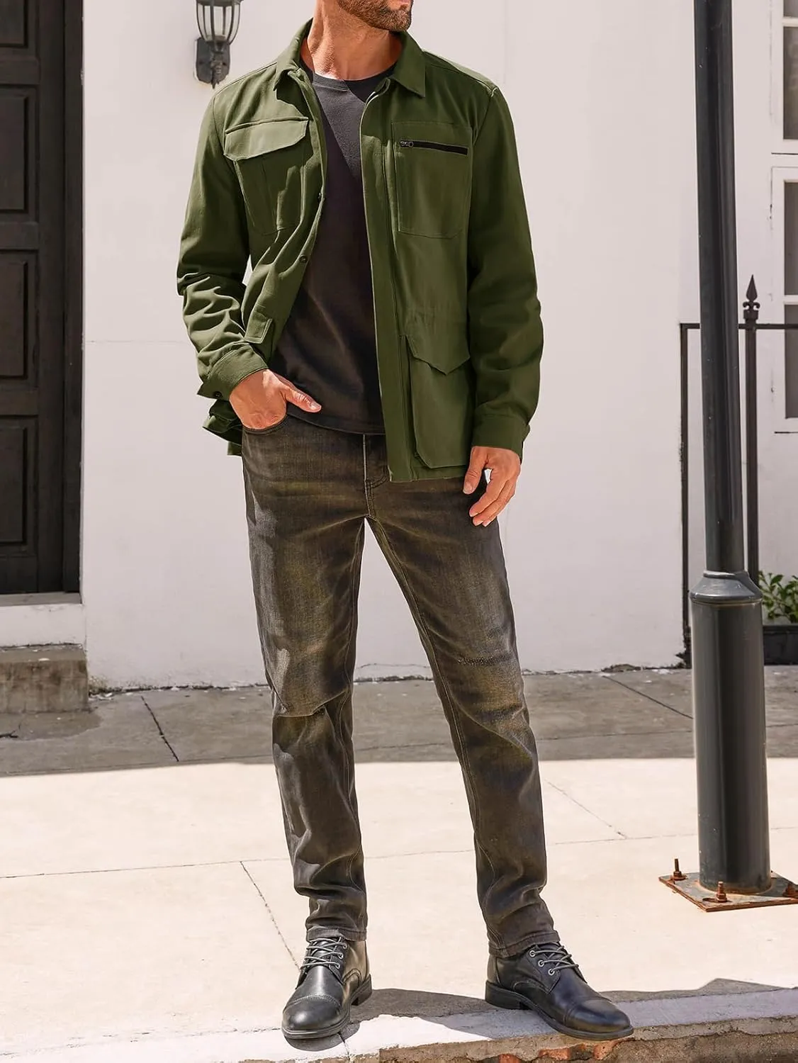 Runcati Mens Safari Jacket Military Casual Lightweight Jacket Windproof Multi Pocket Outdoor Fishing Coat