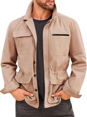 Runcati Mens Safari Jacket Military Casual Lightweight Jacket Windproof Multi Pocket Outdoor Fishing Coat