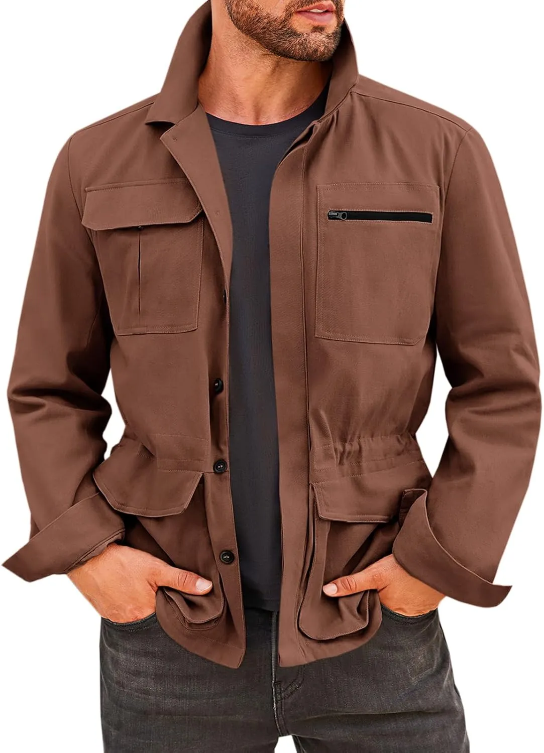 Runcati Mens Safari Jacket Military Casual Lightweight Jacket Windproof Multi Pocket Outdoor Fishing Coat