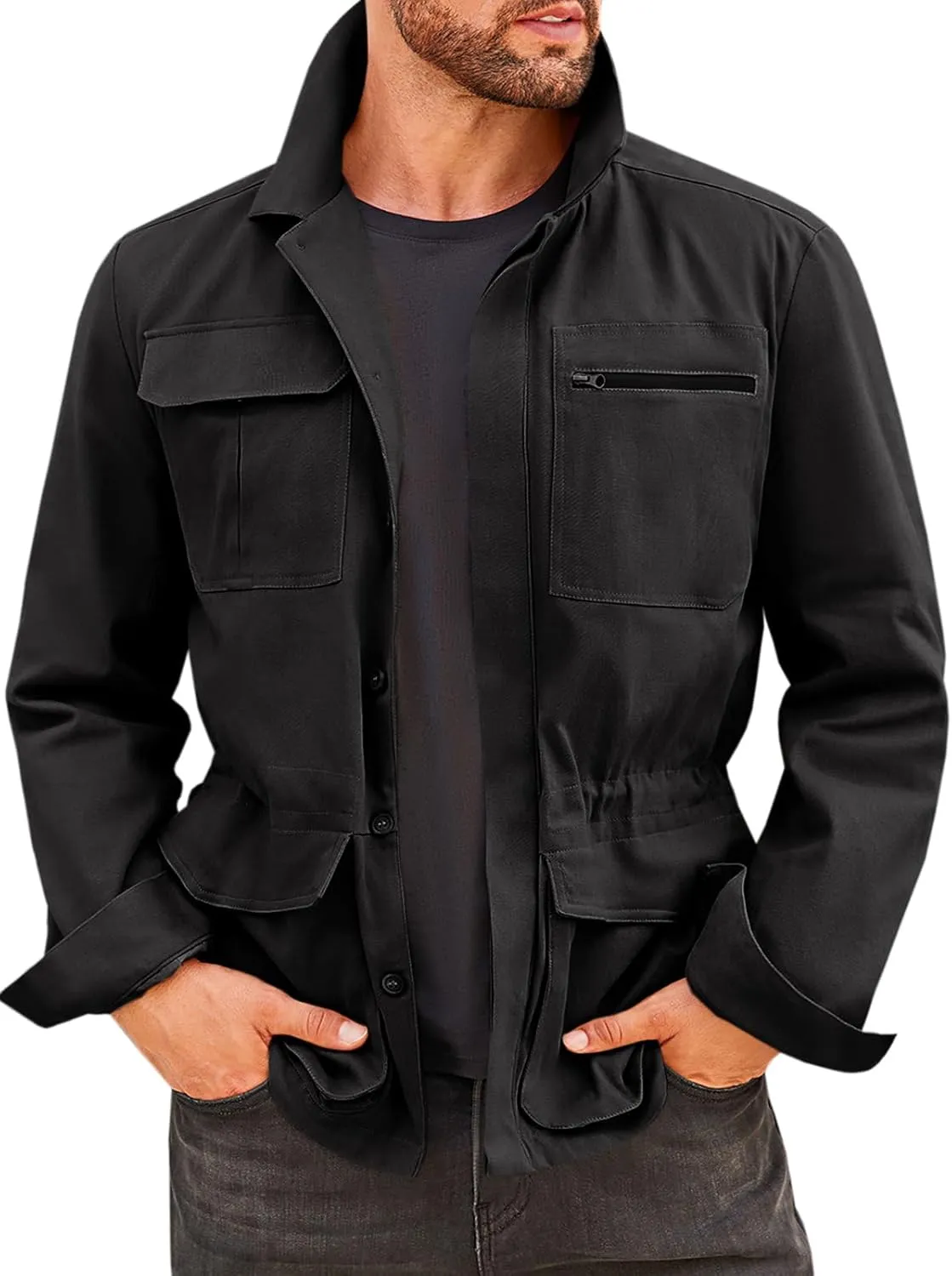 Runcati Mens Safari Jacket Military Casual Lightweight Jacket Windproof Multi Pocket Outdoor Fishing Coat