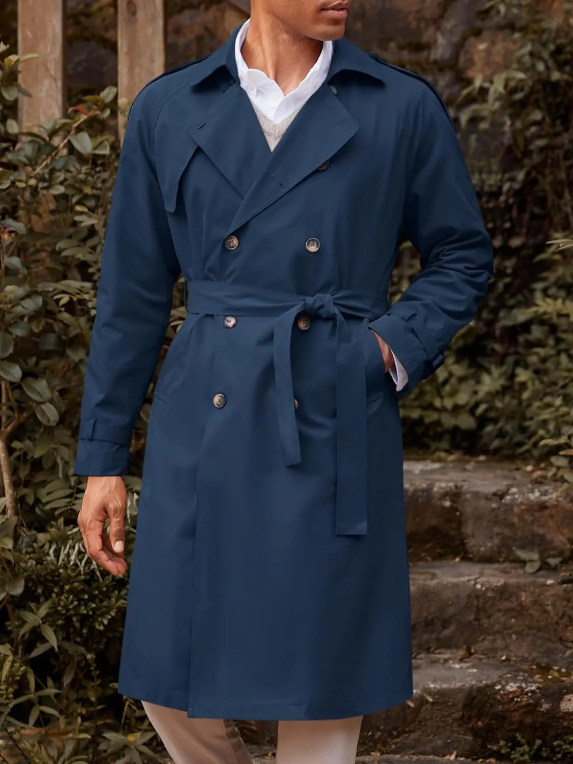 Runcati Mens Trench Coat Double Breasted Long Jacket Casual Windbreaker Notched Lapel Belted Overcoat