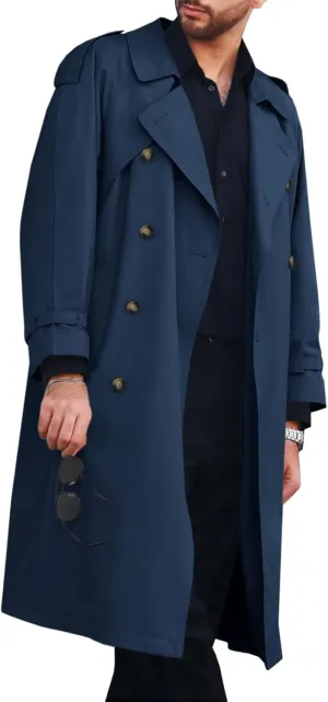 Runcati Mens Trench Coat Double Breasted Long Jacket Casual Windbreaker Notched Lapel Belted Overcoat
