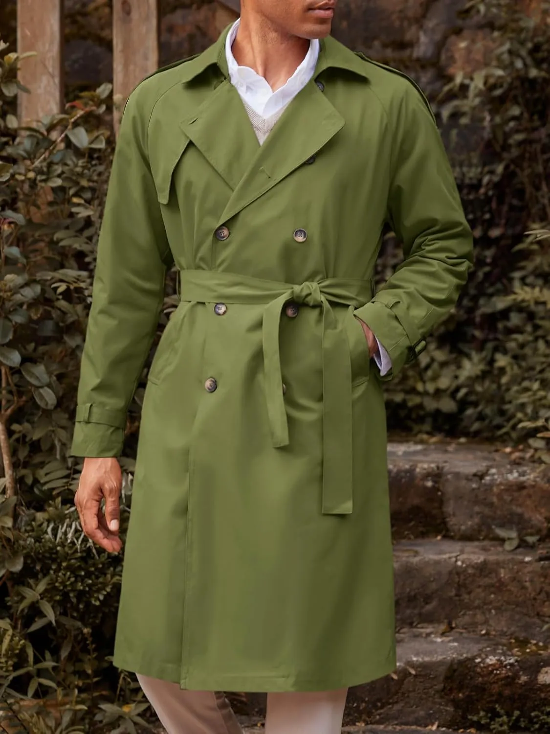 Runcati Mens Trench Coat Double Breasted Long Jacket Casual Windbreaker Notched Lapel Belted Overcoat