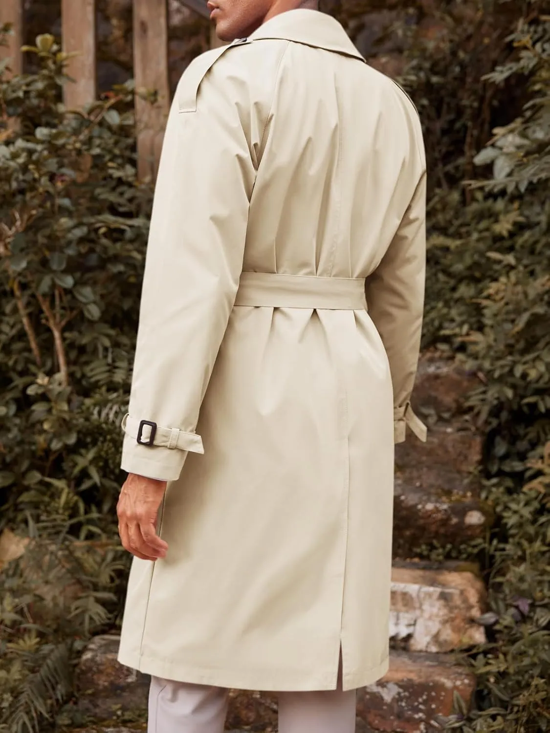 Runcati Mens Trench Coat Double Breasted Long Jacket Casual Windbreaker Notched Lapel Belted Overcoat