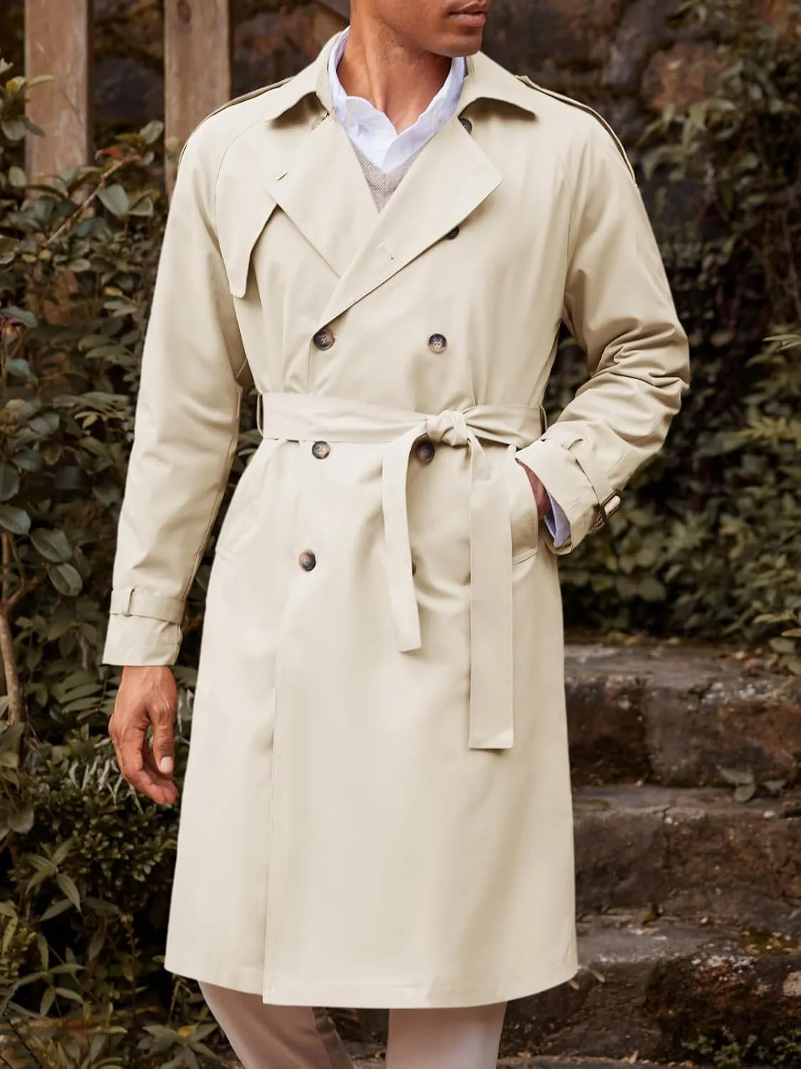 Runcati Mens Trench Coat Double Breasted Long Jacket Casual Windbreaker Notched Lapel Belted Overcoat