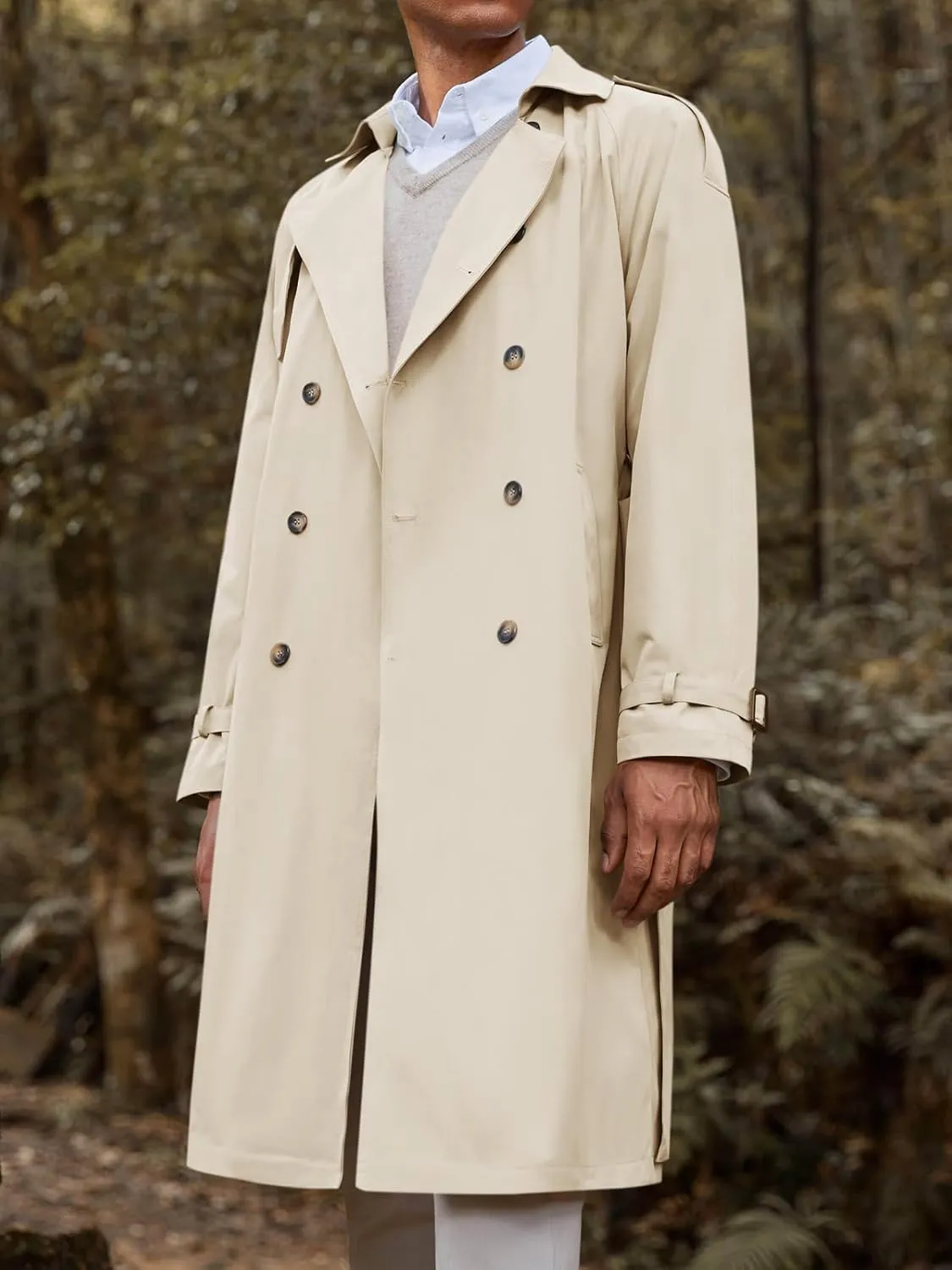 Runcati Mens Trench Coat Double Breasted Long Jacket Casual Windbreaker Notched Lapel Belted Overcoat