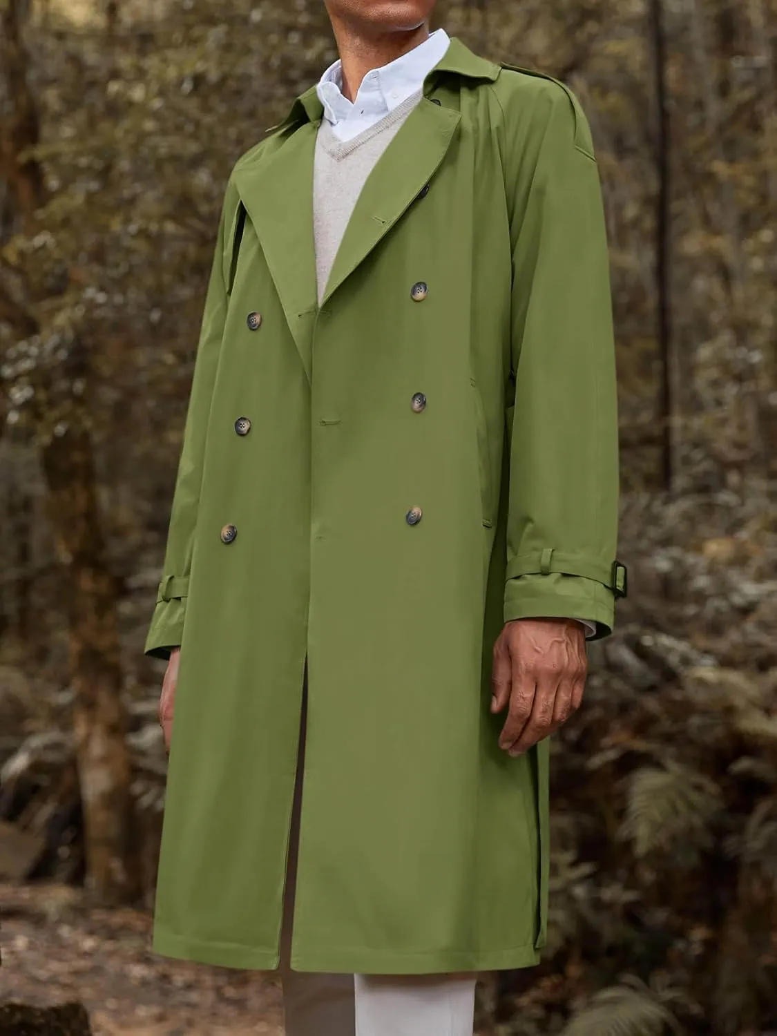 Runcati Mens Trench Coat Double Breasted Long Jacket Casual Windbreaker Notched Lapel Belted Overcoat
