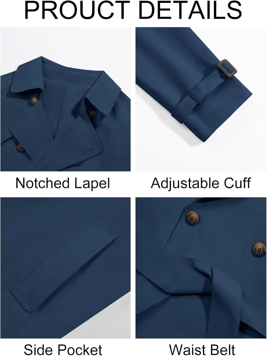 Runcati Mens Trench Coat Double Breasted Long Jacket Casual Windbreaker Notched Lapel Belted Overcoat