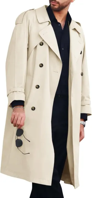Runcati Mens Trench Coat Double Breasted Long Jacket Casual Windbreaker Notched Lapel Belted Overcoat