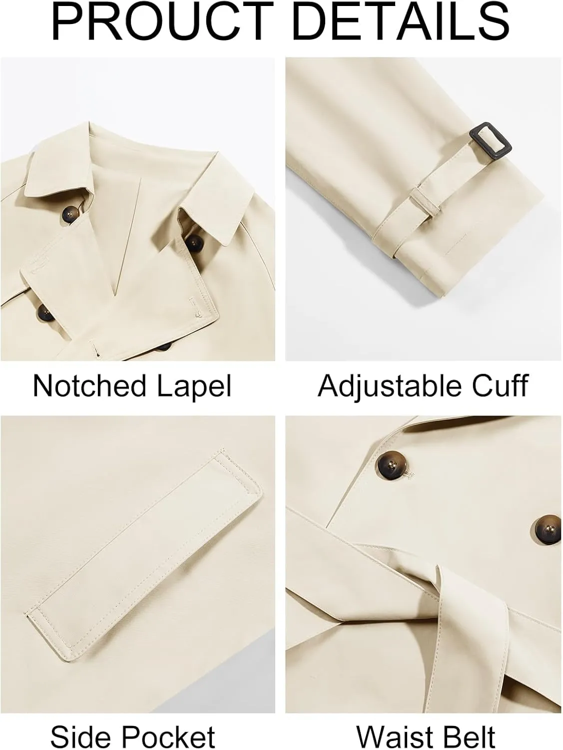Runcati Mens Trench Coat Double Breasted Long Jacket Casual Windbreaker Notched Lapel Belted Overcoat