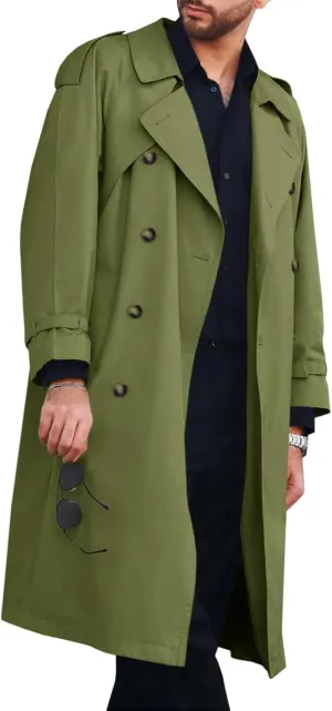Runcati Mens Trench Coat Double Breasted Long Jacket Casual Windbreaker Notched Lapel Belted Overcoat