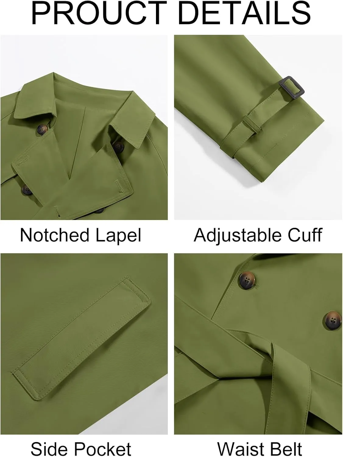 Runcati Mens Trench Coat Double Breasted Long Jacket Casual Windbreaker Notched Lapel Belted Overcoat