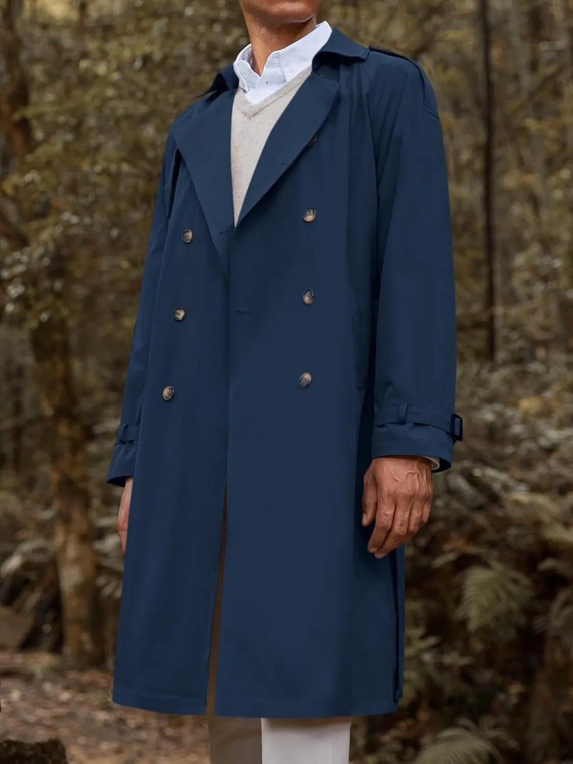 Runcati Mens Trench Coat Double Breasted Long Jacket Casual Windbreaker Notched Lapel Belted Overcoat