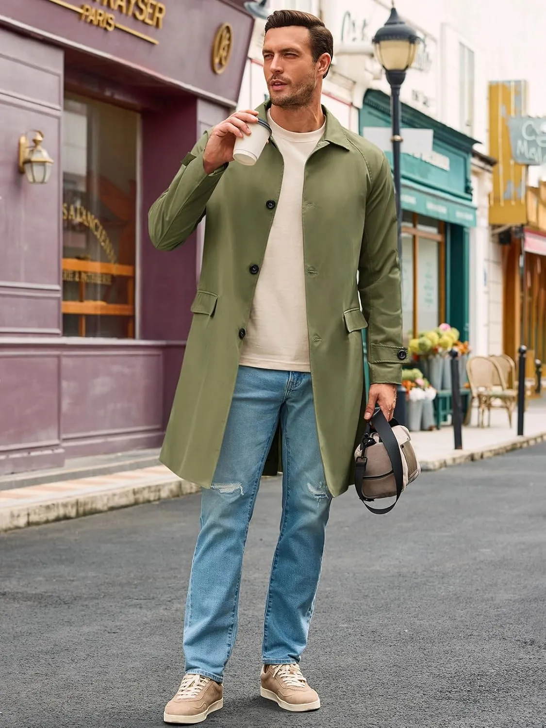 Runcati Mens Trench Coat Slim Fit Single Breasted Long Windbreaker Jacket Classic Lapel Casual Overcoat