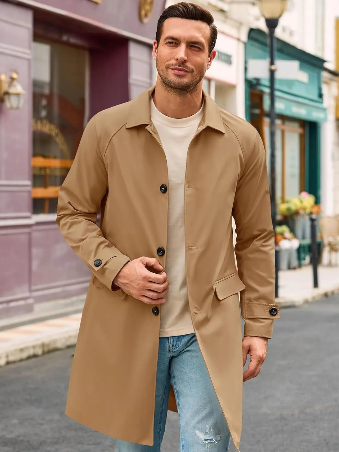 Runcati Mens Trench Coat Slim Fit Single Breasted Long Windbreaker Jacket Classic Lapel Casual Overcoat