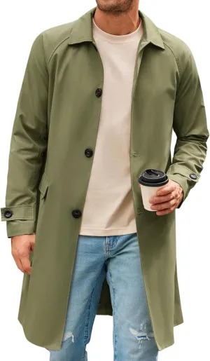 Runcati Mens Trench Coat Slim Fit Single Breasted Long Windbreaker Jacket Classic Lapel Casual Overcoat