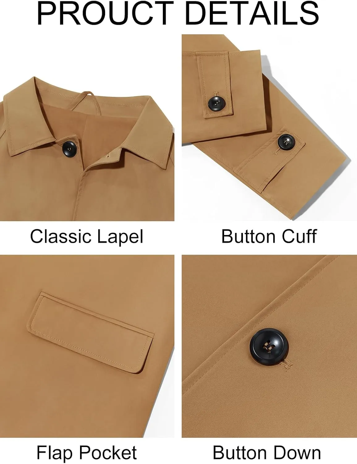 Runcati Mens Trench Coat Slim Fit Single Breasted Long Windbreaker Jacket Classic Lapel Casual Overcoat