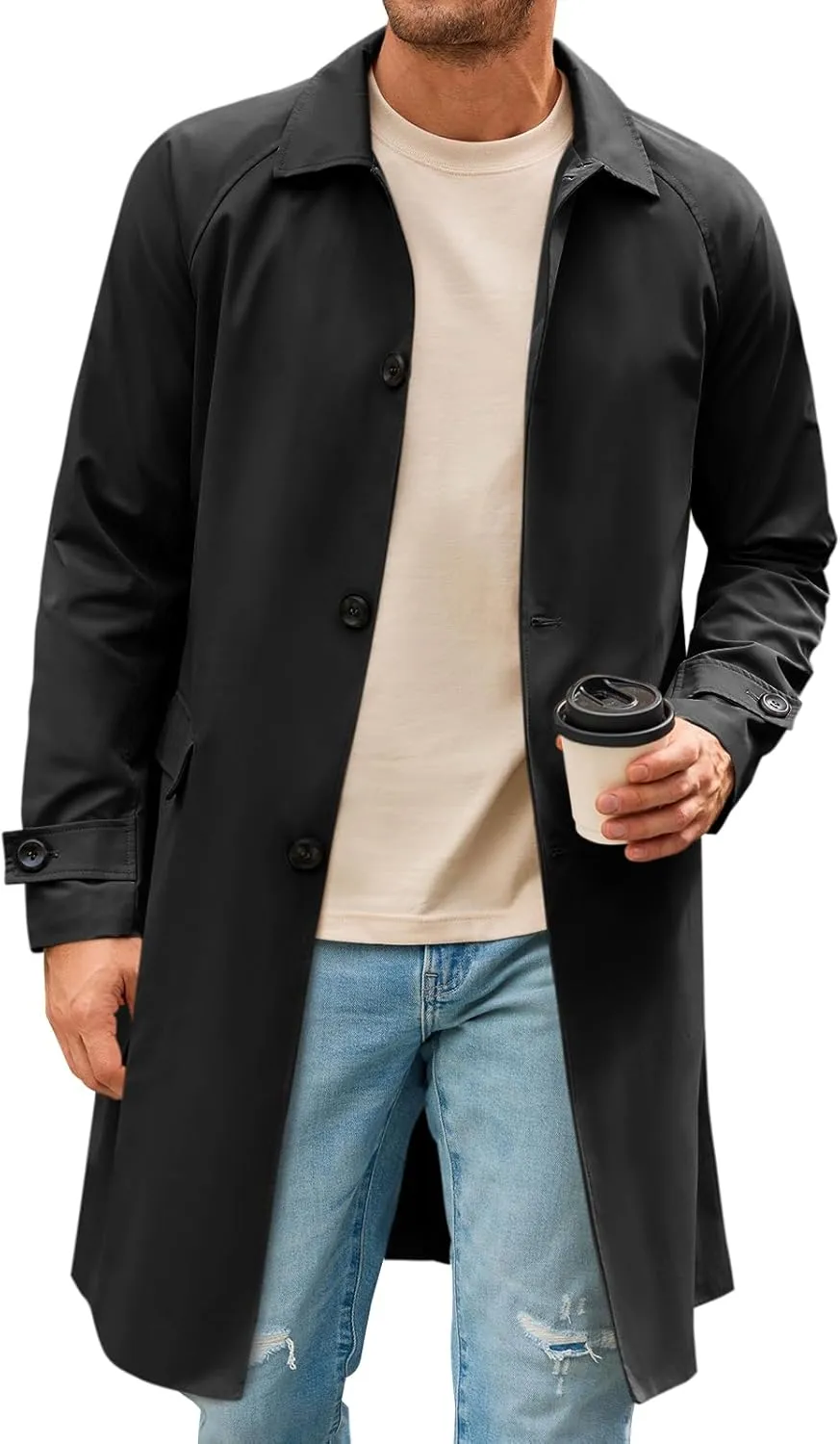 Runcati Mens Trench Coat Slim Fit Single Breasted Long Windbreaker Jacket Classic Lapel Casual Overcoat