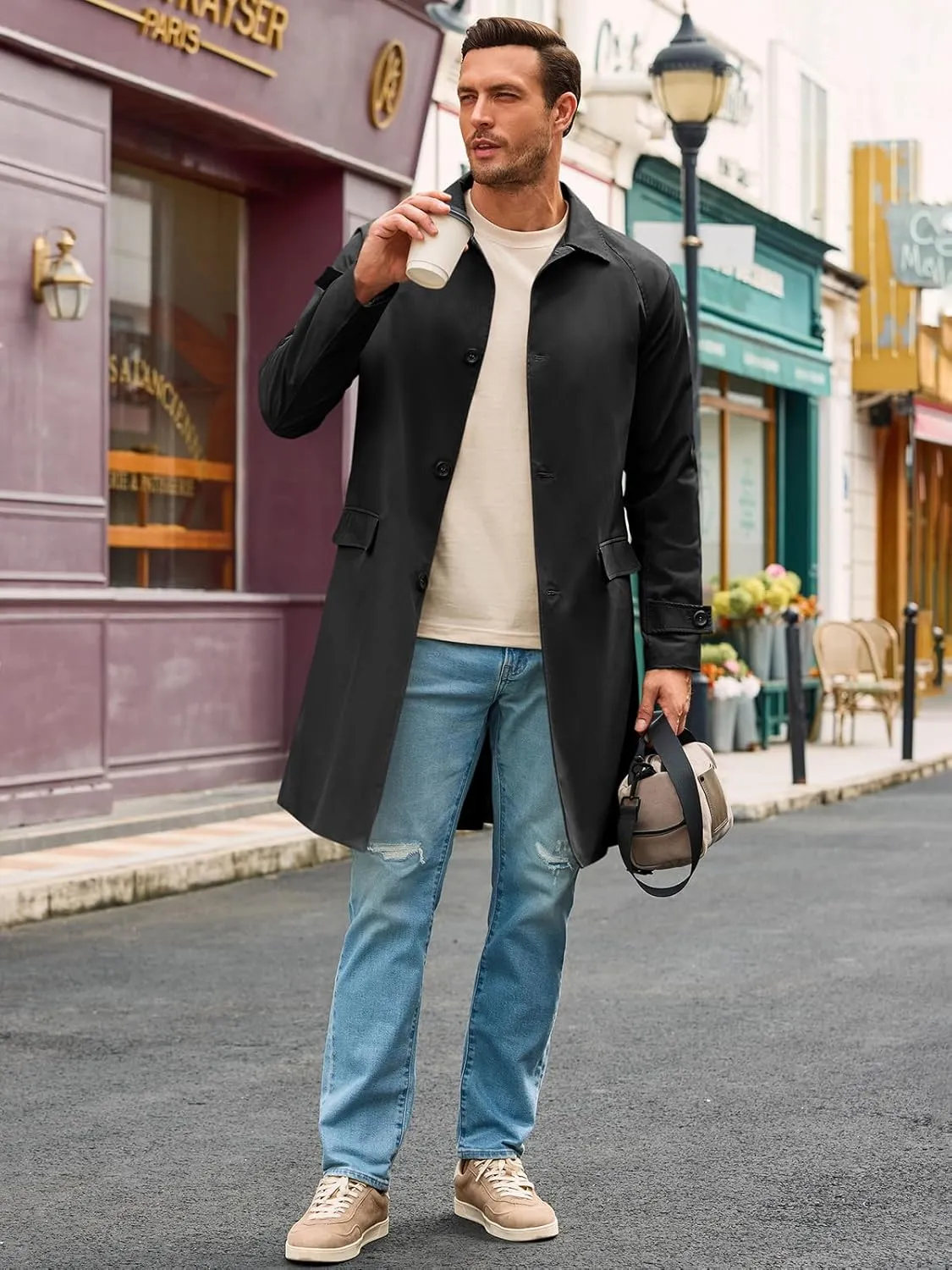 Runcati Mens Trench Coat Slim Fit Single Breasted Long Windbreaker Jacket Classic Lapel Casual Overcoat