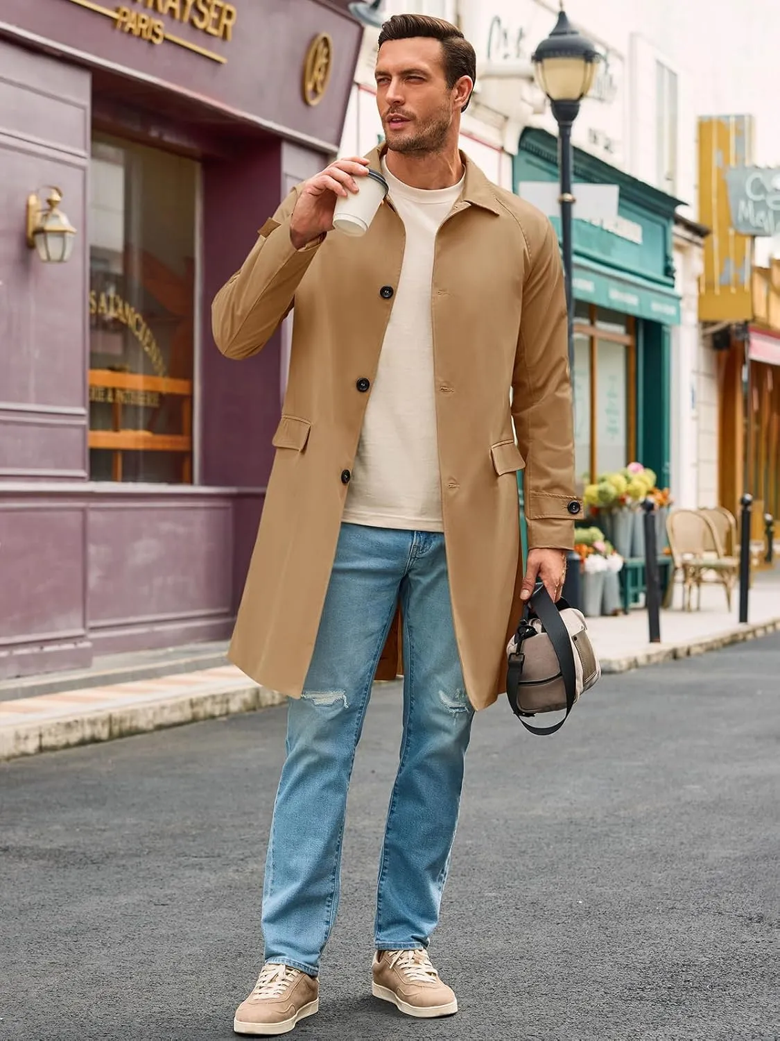 Runcati Mens Trench Coat Slim Fit Single Breasted Long Windbreaker Jacket Classic Lapel Casual Overcoat
