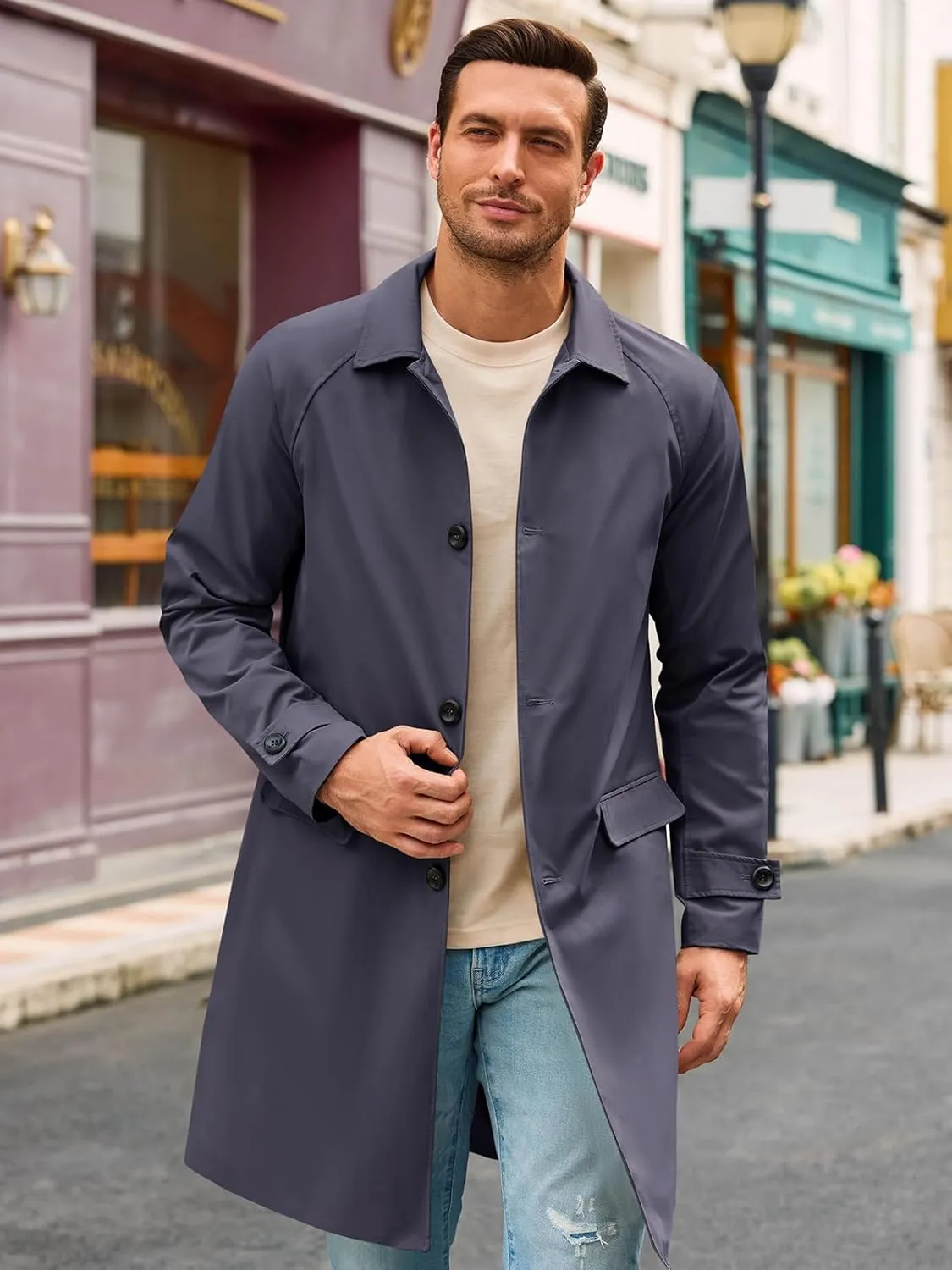 Runcati Mens Trench Coat Slim Fit Single Breasted Long Windbreaker Jacket Classic Lapel Casual Overcoat