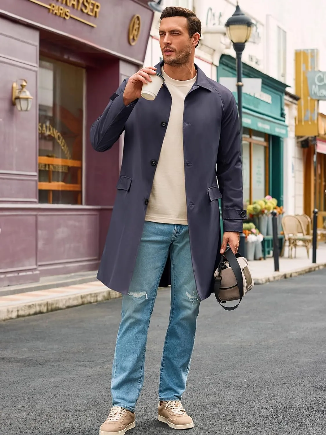 Runcati Mens Trench Coat Slim Fit Single Breasted Long Windbreaker Jacket Classic Lapel Casual Overcoat