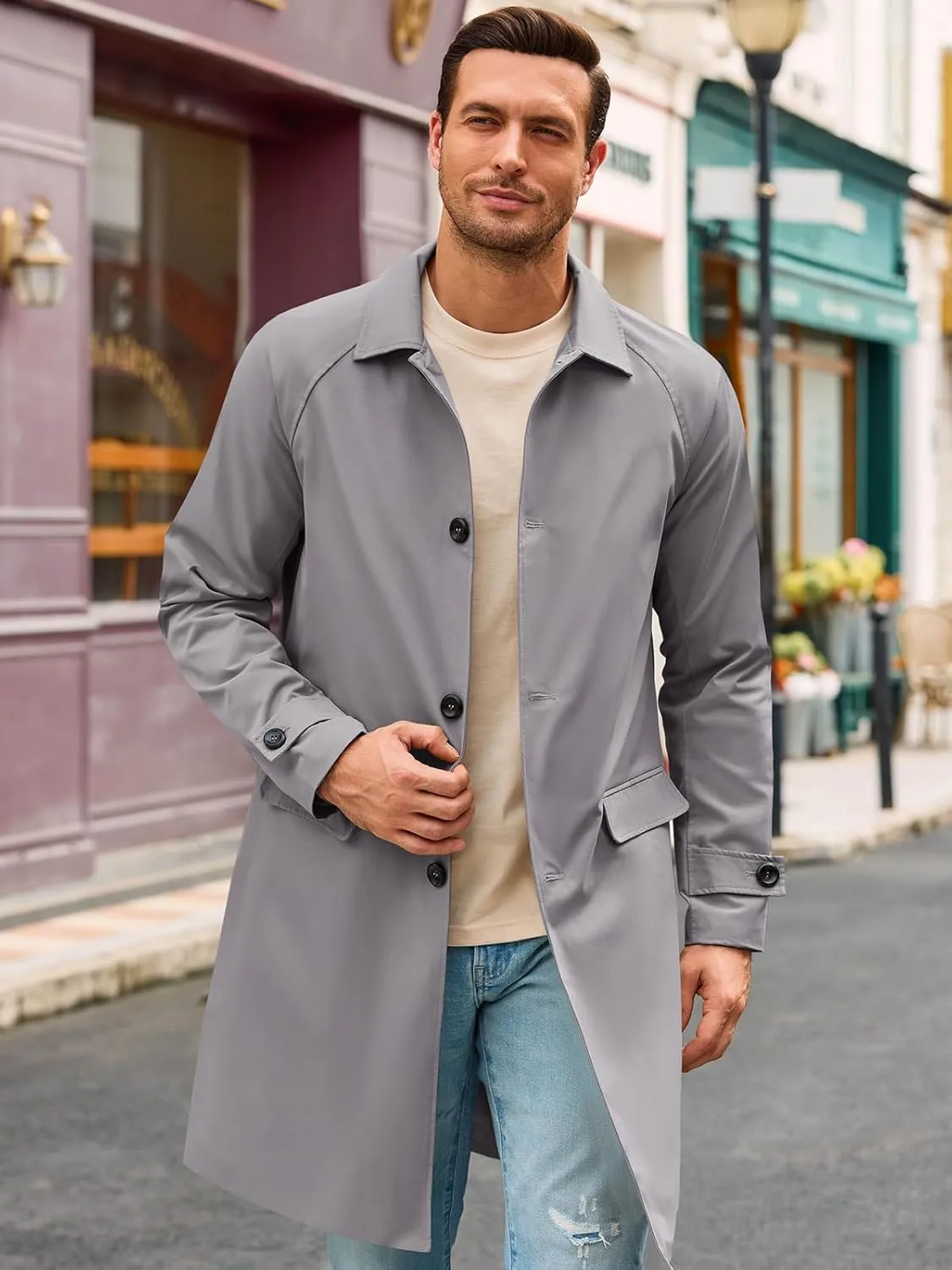 Runcati Mens Trench Coat Slim Fit Single Breasted Long Windbreaker Jacket Classic Lapel Casual Overcoat