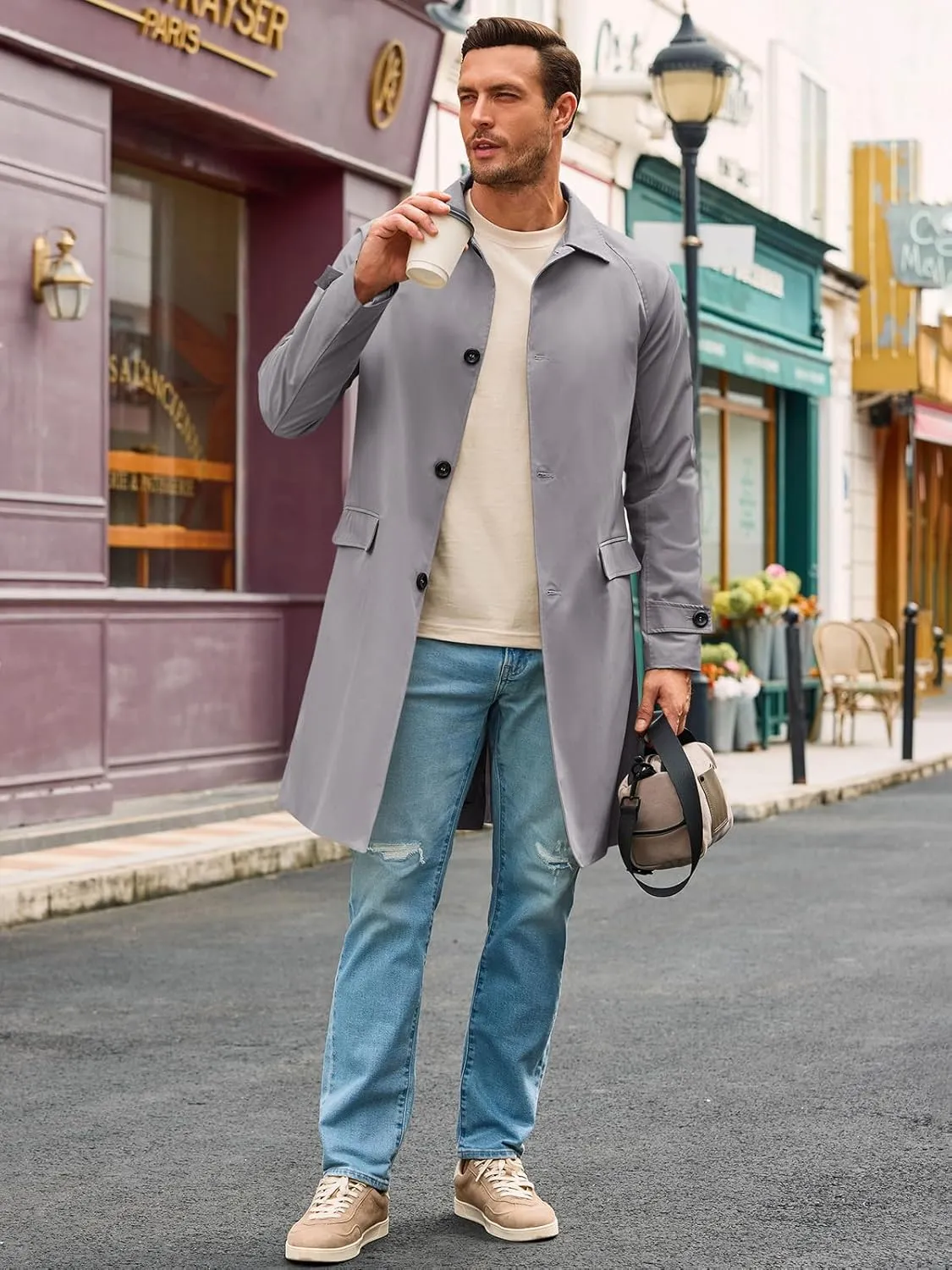 Runcati Mens Trench Coat Slim Fit Single Breasted Long Windbreaker Jacket Classic Lapel Casual Overcoat